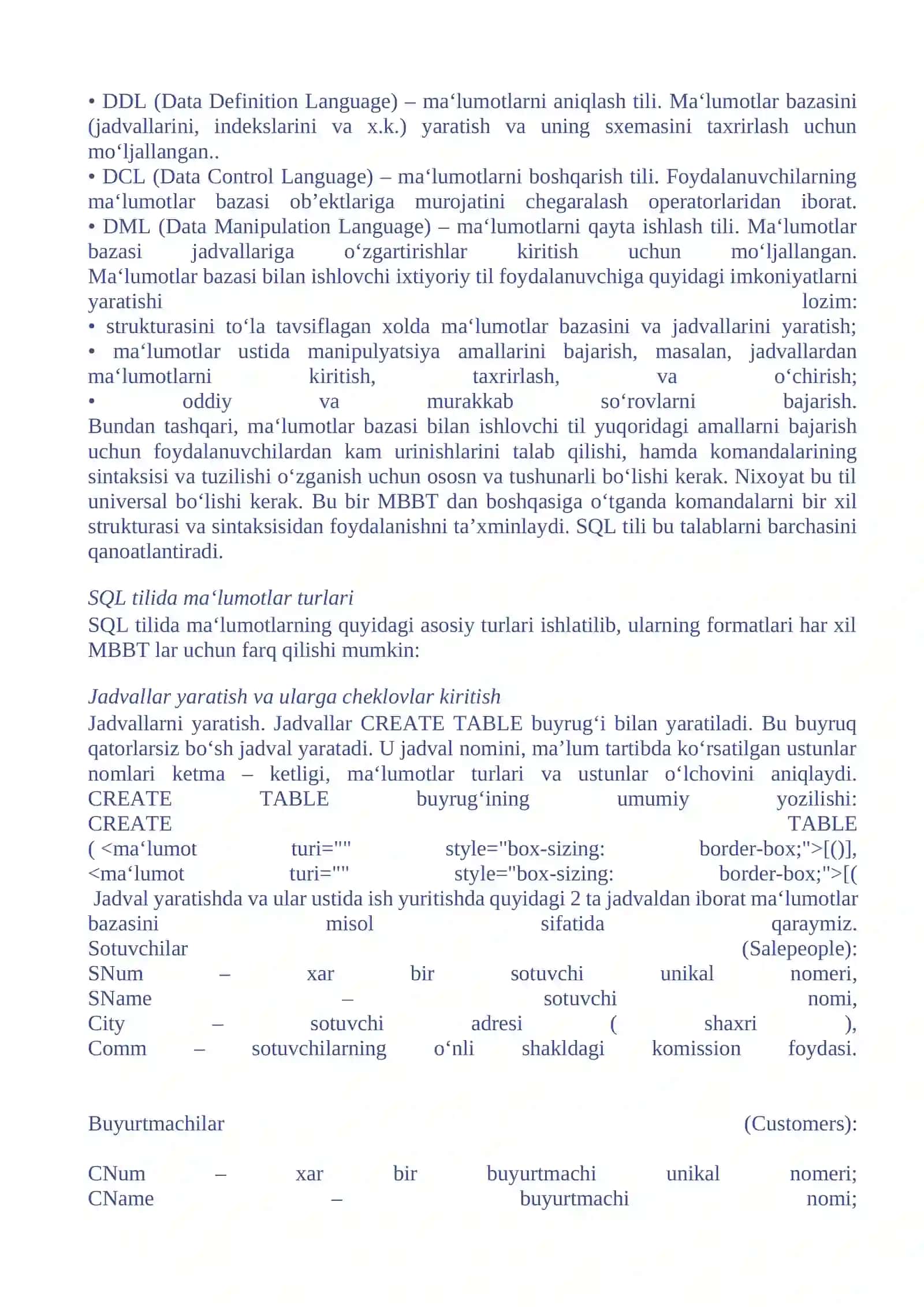 SQL TILIDA MALUMOTLARNI TAVSIFLASH 4