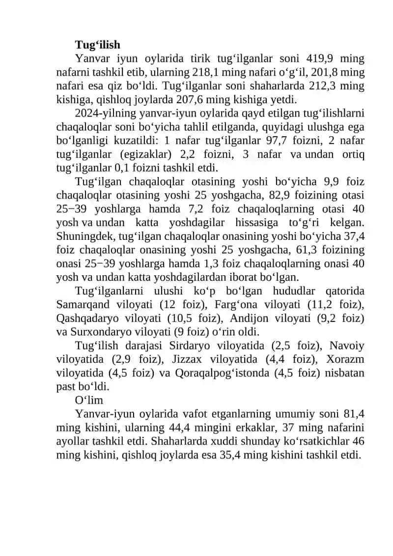 O‘zbekiston aholisi 37,1 million kishidan oshdi 4
