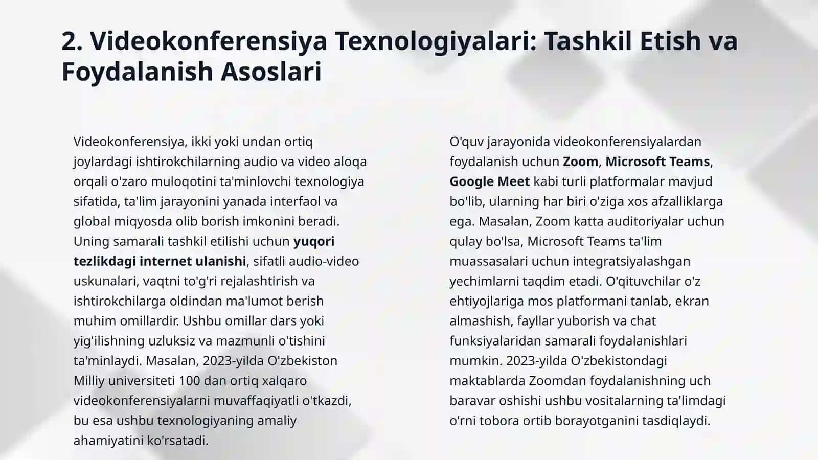 Videokonferentsiyani tashkil qilish va undan foydalanish. Virtual dasturlar va ulardan foydalanish. O'quv jarayonida mobil ilovalardan foydalanish. 4