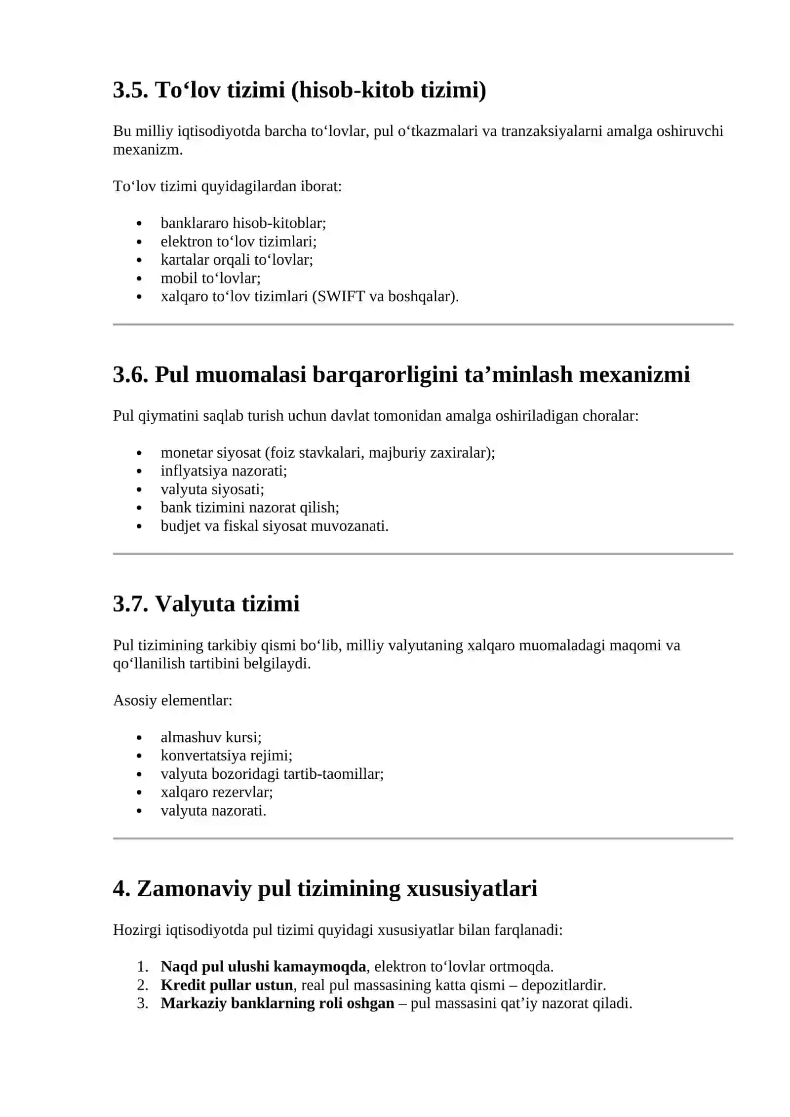 PUL TIZIMI: MAZMUNI, TURLARI VA ELEMENTLARI 4