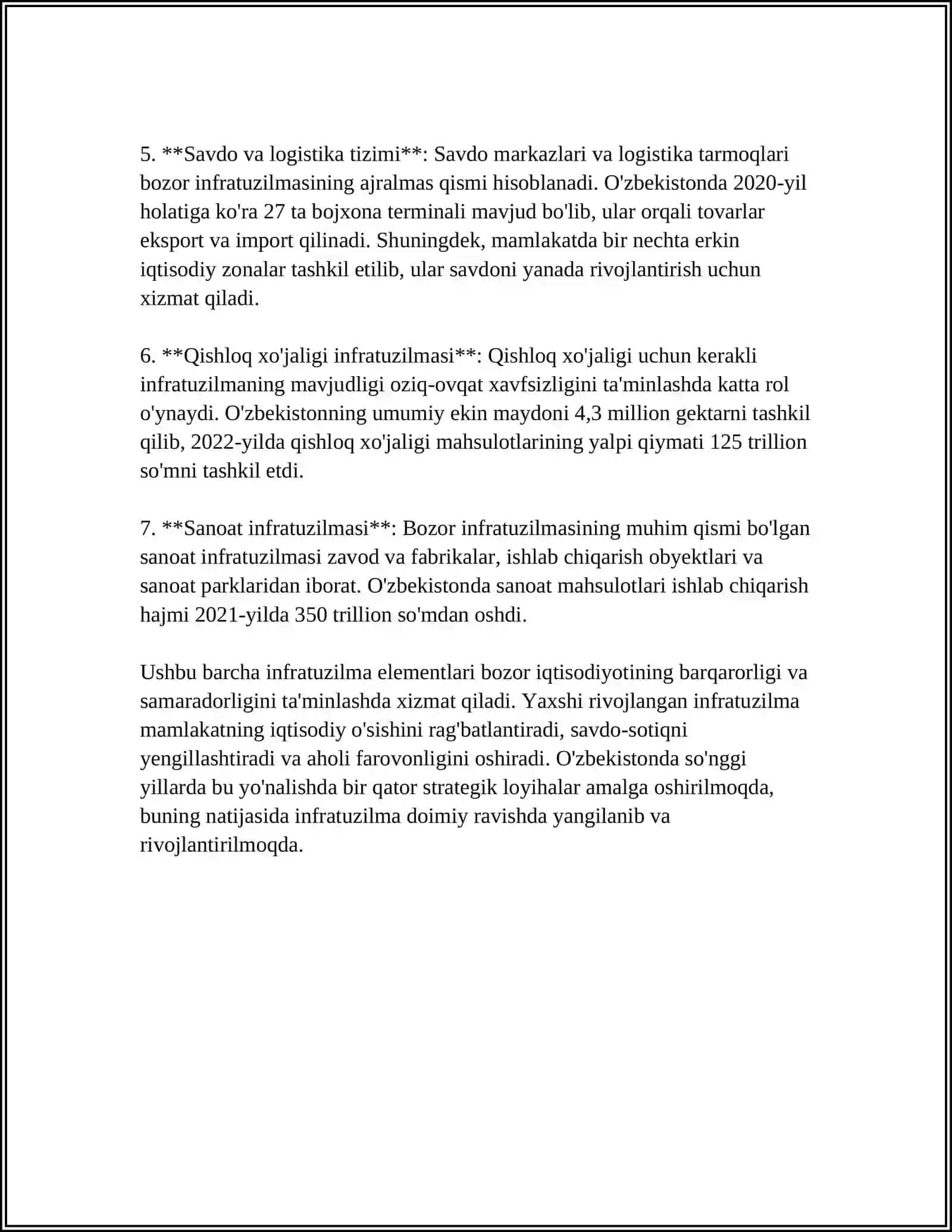 BOZOR INFRATUZILMASI FAOLIYATI UYGUNLIGINI TA'MINLASH VA RIVOJLANTIRISHNING ASOSIY YO'NALISHLARI 4