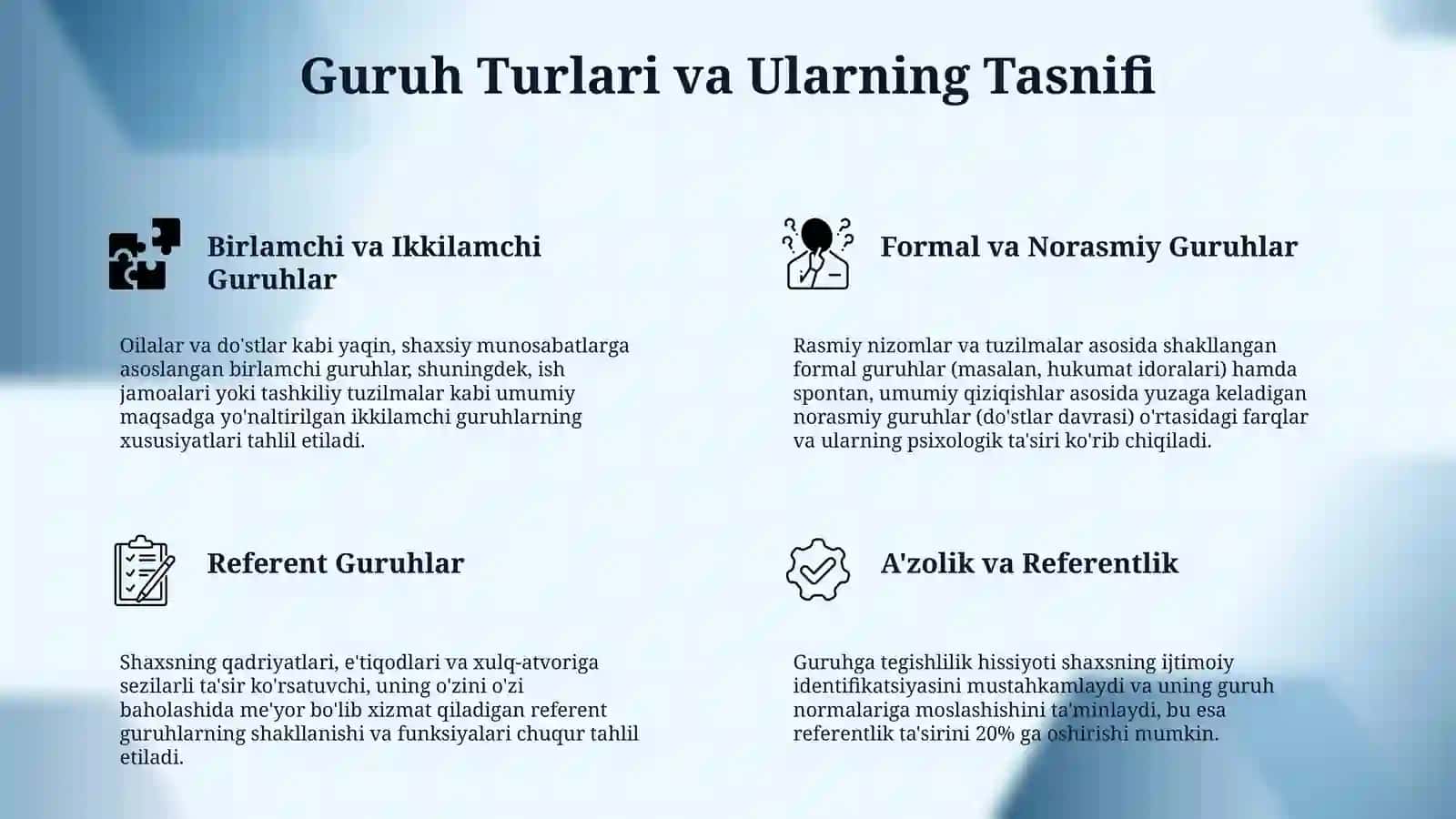 Psixologiyada guruhlar muammosi va qonuniyatlari. 4