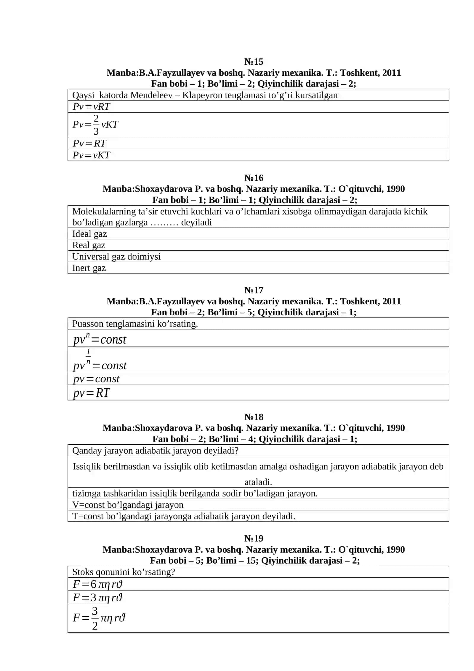 Nazariy mexanika asoslari fanidan test savollari 4