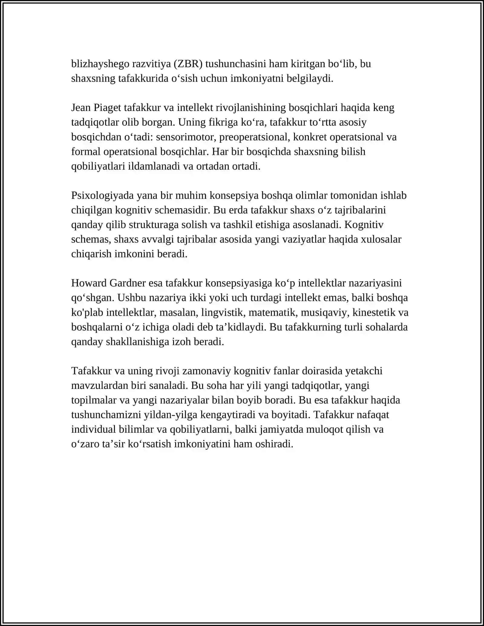 TAFAKKUR BORASIDAGI PSIXOLOGIK NAZARIYALAR. TAFAKKUR OPERASIYALARI. INTELLEKT VA KREATIVLIK NAZARIYALARI 4