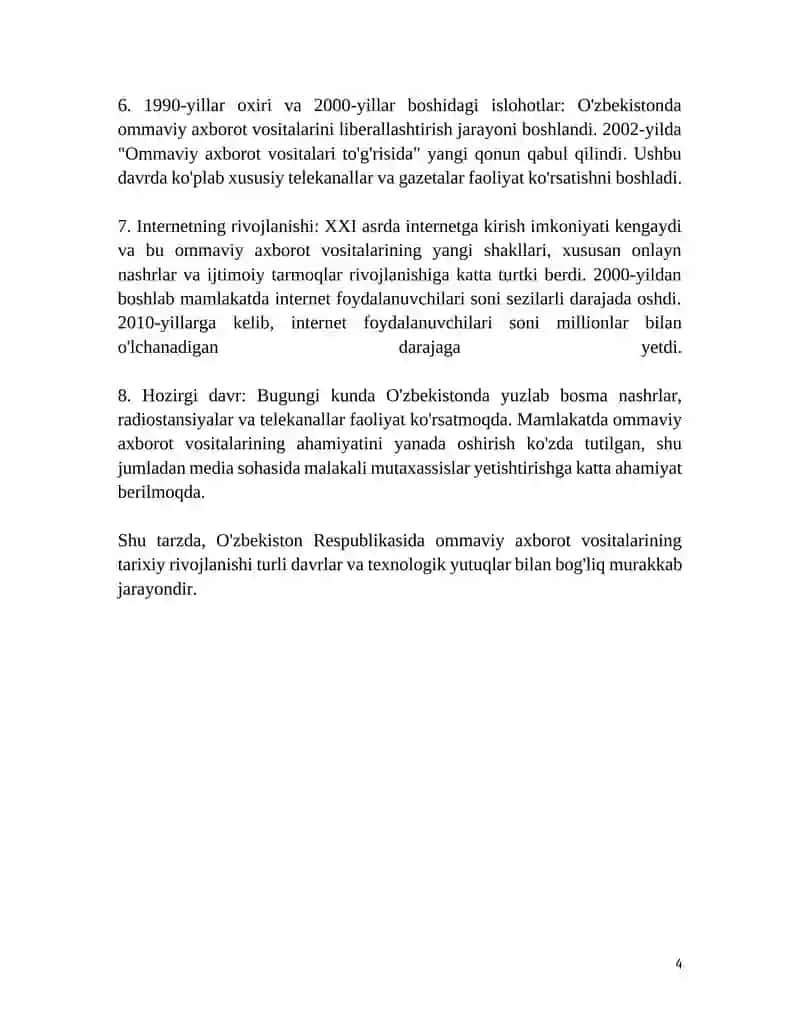 O'zbekiston Respublikasida Ommaviy Axbarot Vositalarining Tarixiy Rivojlanishi 4