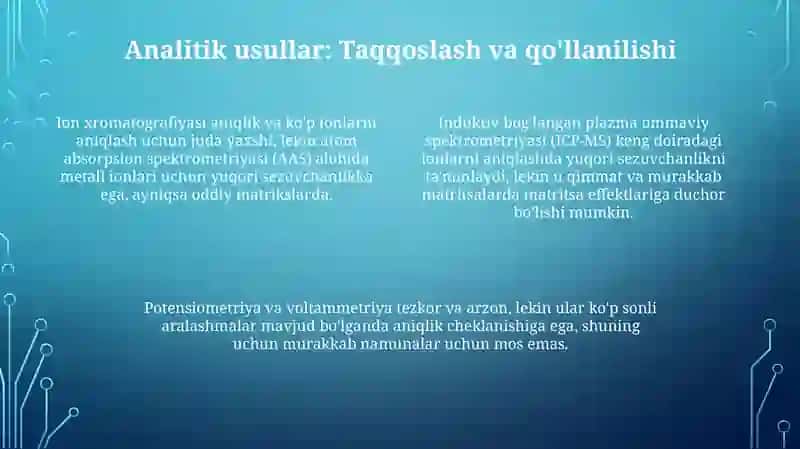 Tuproq va suv ifloslanishidagi ion bogʼlanish birikmalarini aniqlash usullari 4