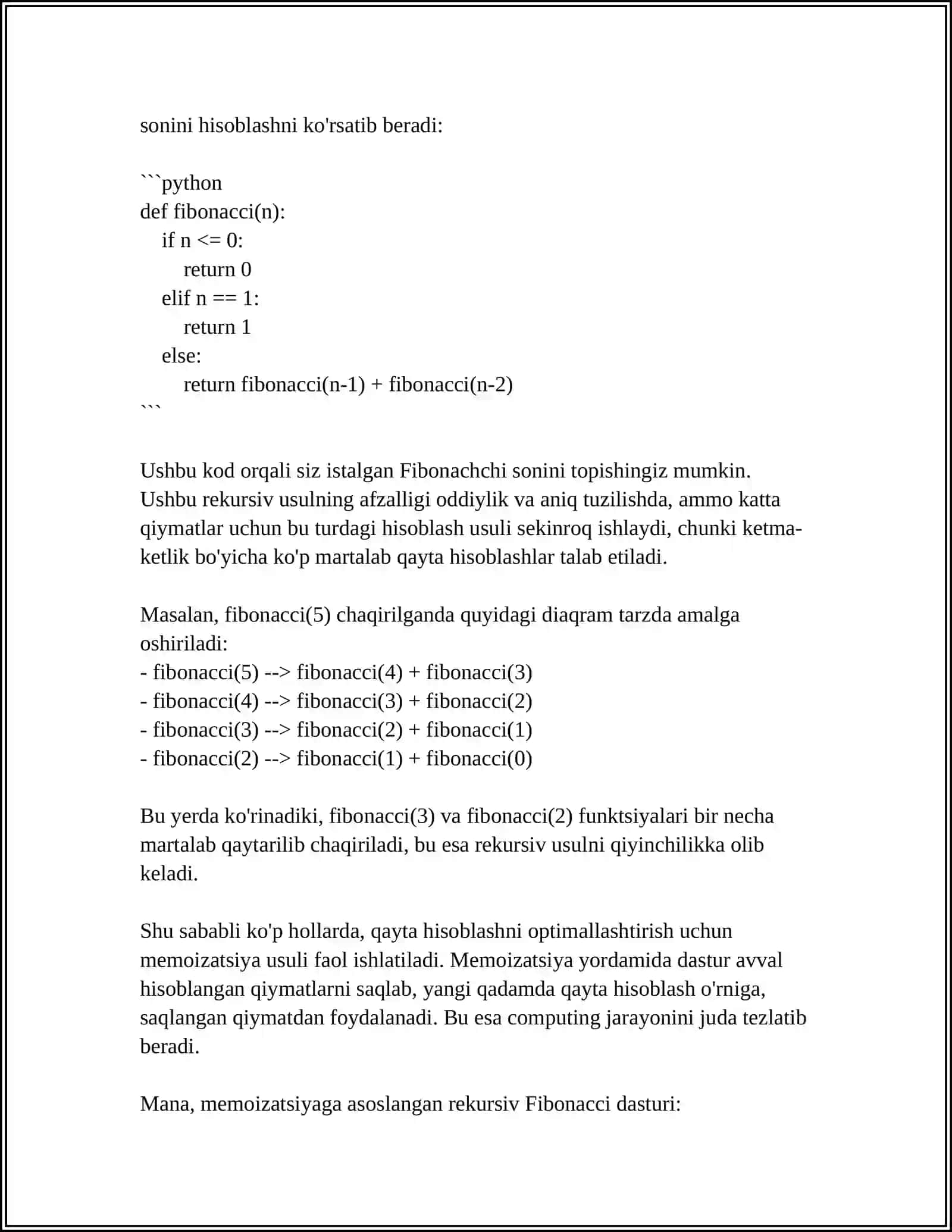 FIBONAÇCHI QATORINI REKURSIYA YORDAMIDA HISOBLASH 4