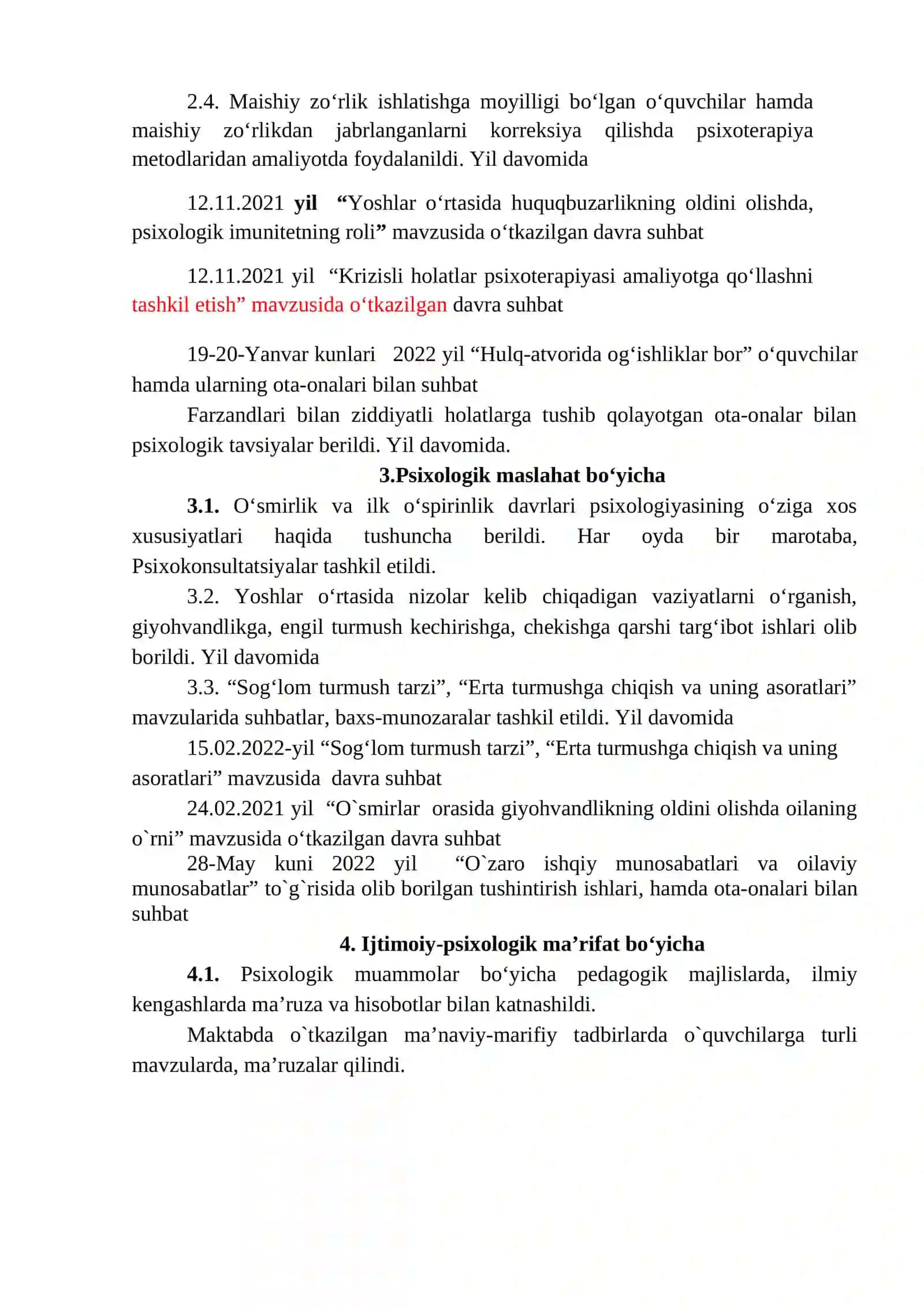 Psixologik ishlar yuzasidan Hisobot 4