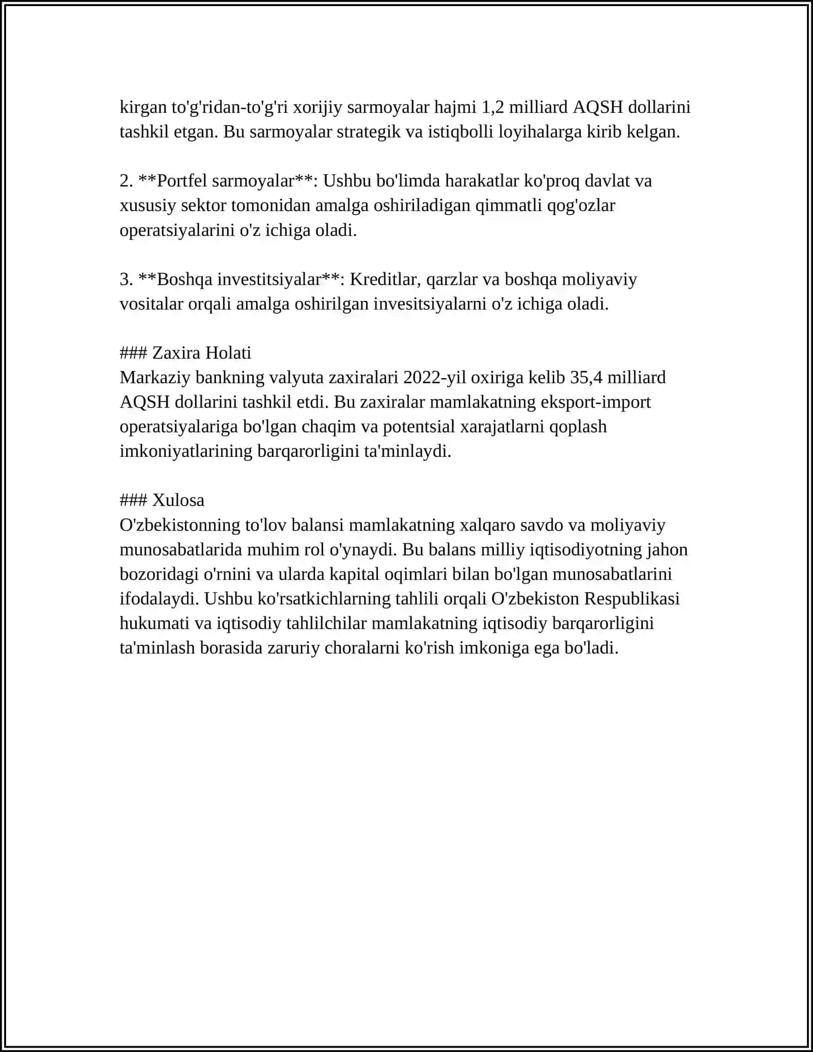 O'ZBEKISTON RESPUBLIKASI TO'LOV BALANSI 4