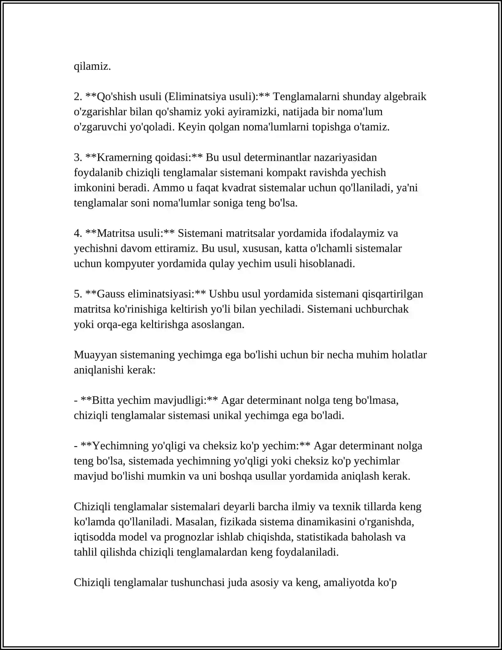 CHIZIQLI TENGLAMALAR SISTEMASI VA ULARING YECHISH USULLARI 4
