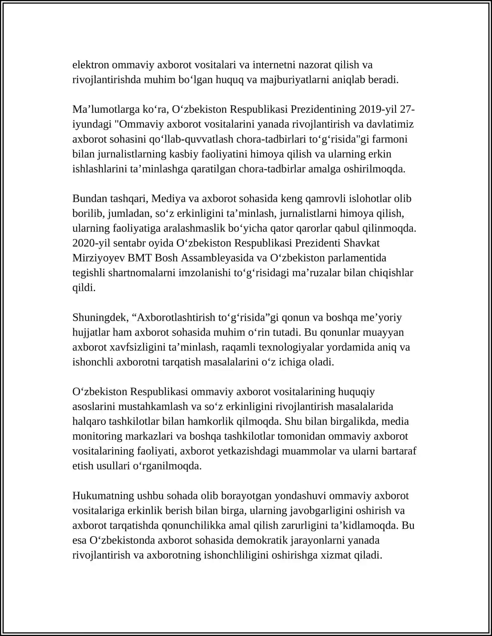 MUSTAQIL ISH Mavzu: O‘ZBEKISTON RESPUBLIKASIDA OMMAVIY AXBOROT VOSITALARINING FAOLIYATI 4