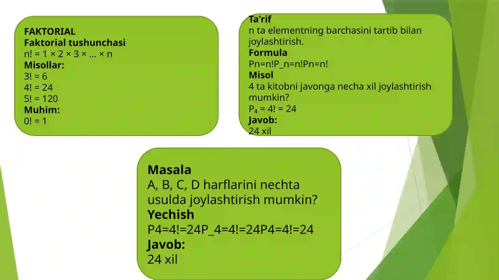 Kombinatorika formulalari yordamida yechiladigan masalalar 4