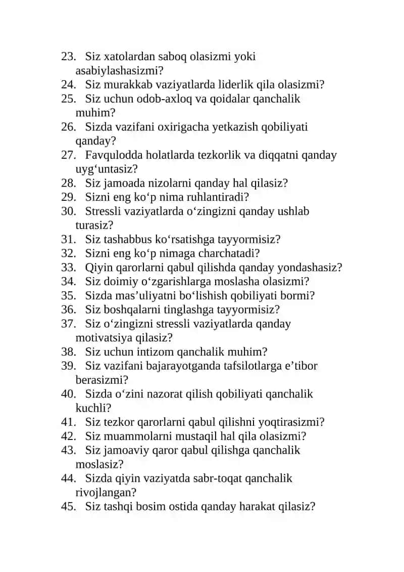 ICHKI ISHLARGA KIRUVCHILAR UCHUN PSIXOLOGIK TESTLAR (100 ta savol) 4