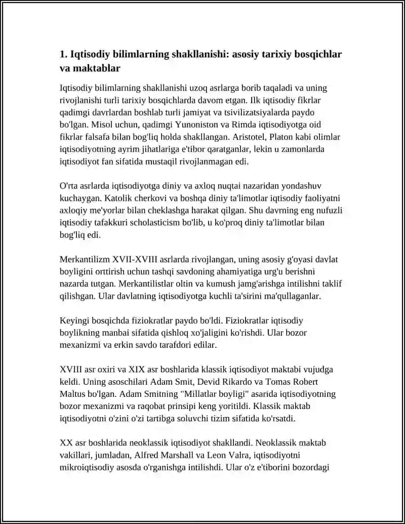 IQTISODIY BILIMLARNING SHAKLLANISHI VA RIVOJLANISHI. ZAMONAVIY IQTISODIYOT NAZARIYASINING ASOSIY YO'NALISHLARI 4