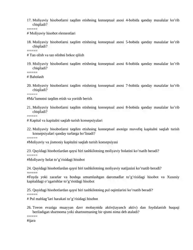 Moliyaviy Hisobot fanidan yakuniy nazorat testlari 4
