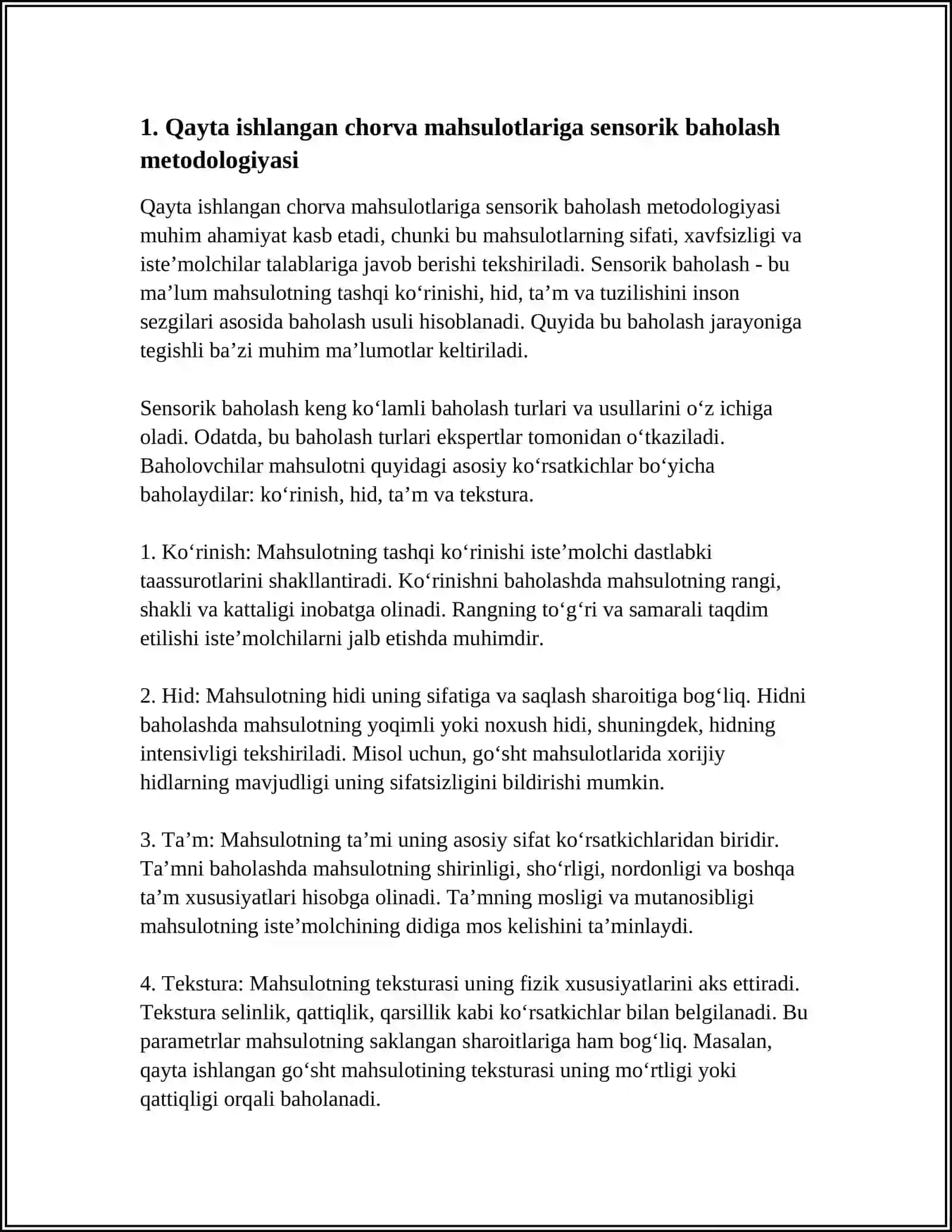 QAYTA ISHLANGAN CHORVA MAHSULOTLARI GA SENSORIK BAHO BERISH 4