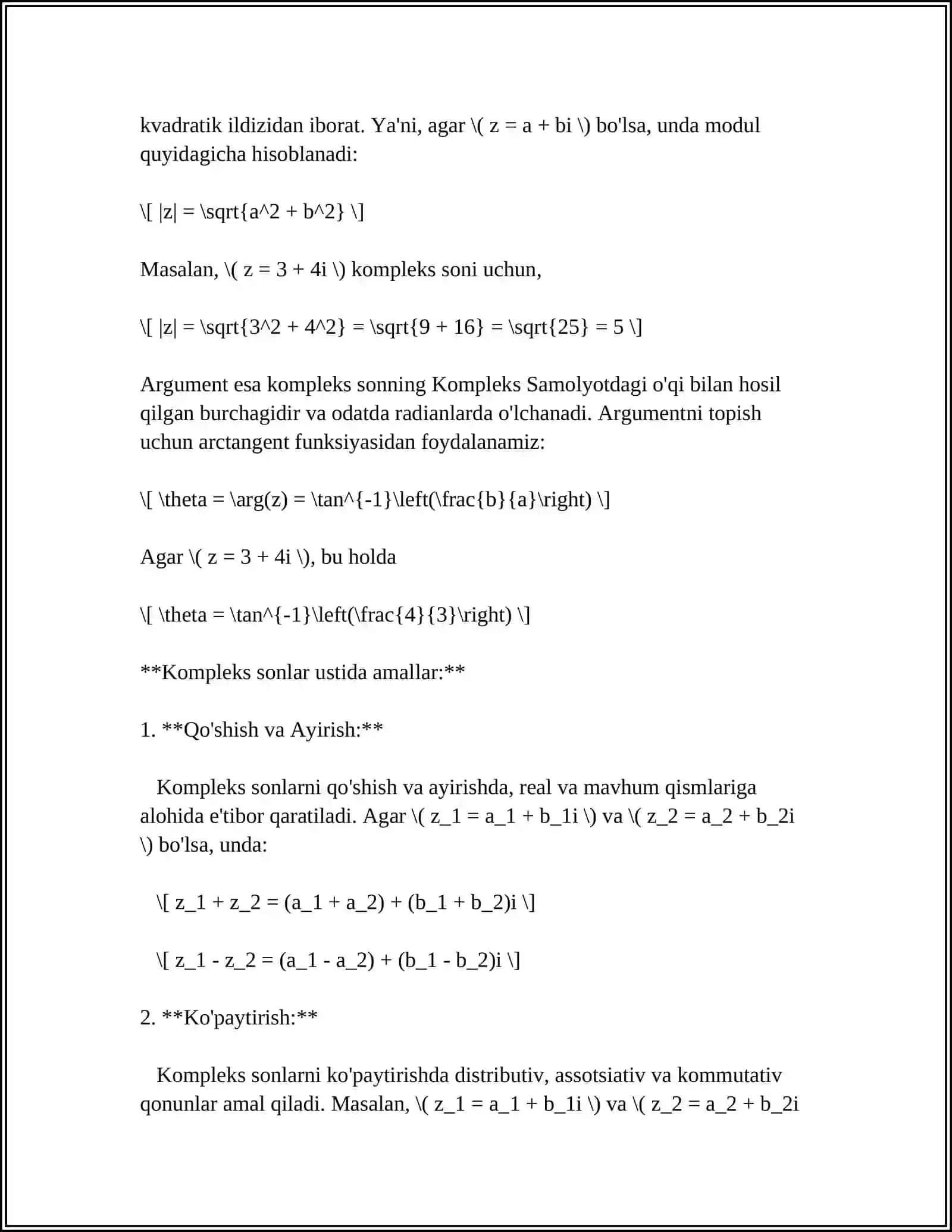 ALGEBRAIK SHAKLDA BERILGAN KOMPLEKS SONDAN ILDIZ CHIQARISH 4