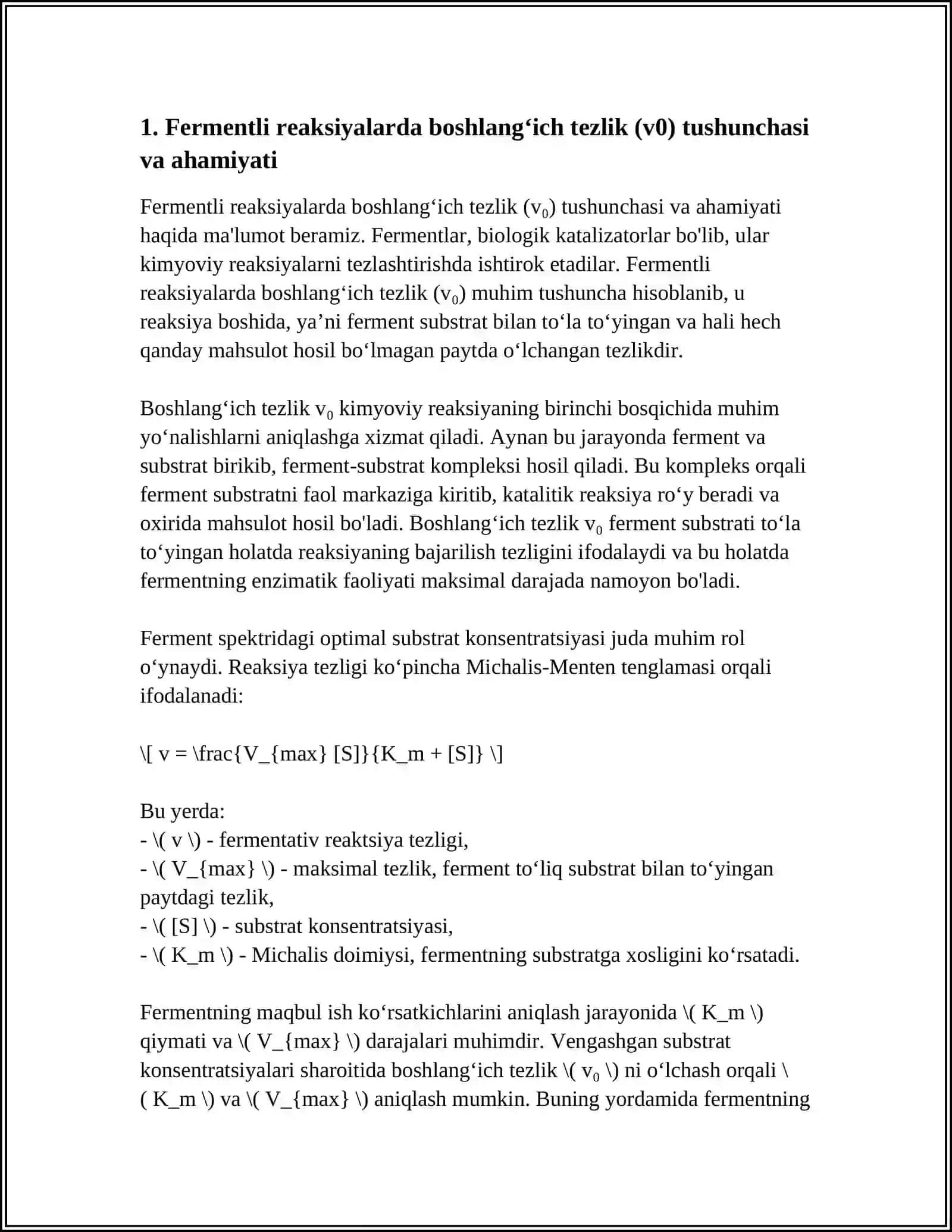 FERMENTLI REAKSIYALARNING BOSHLANGʻICH TEZLIGI VA UNI ANIQLASH USULLARI 4