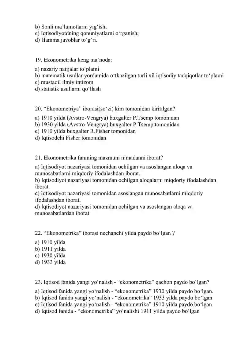 test savollari ekonometrika fanidan 4