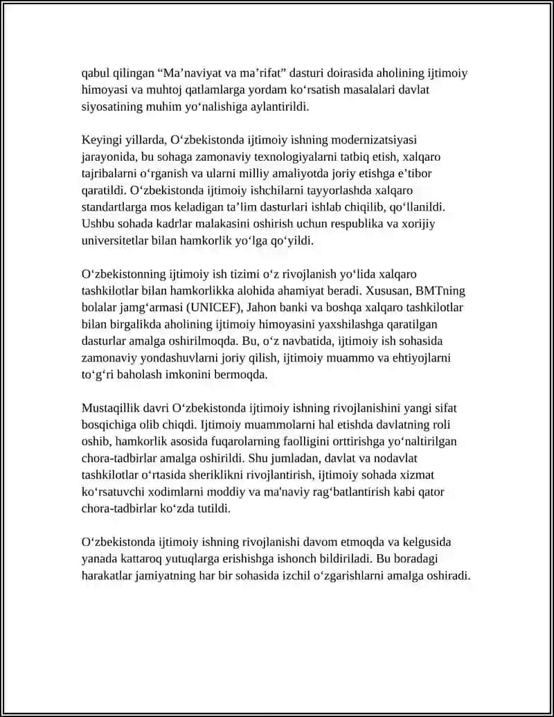 O‘ZBEKISTONDA IJTIMOIY ISH REFERAT 4