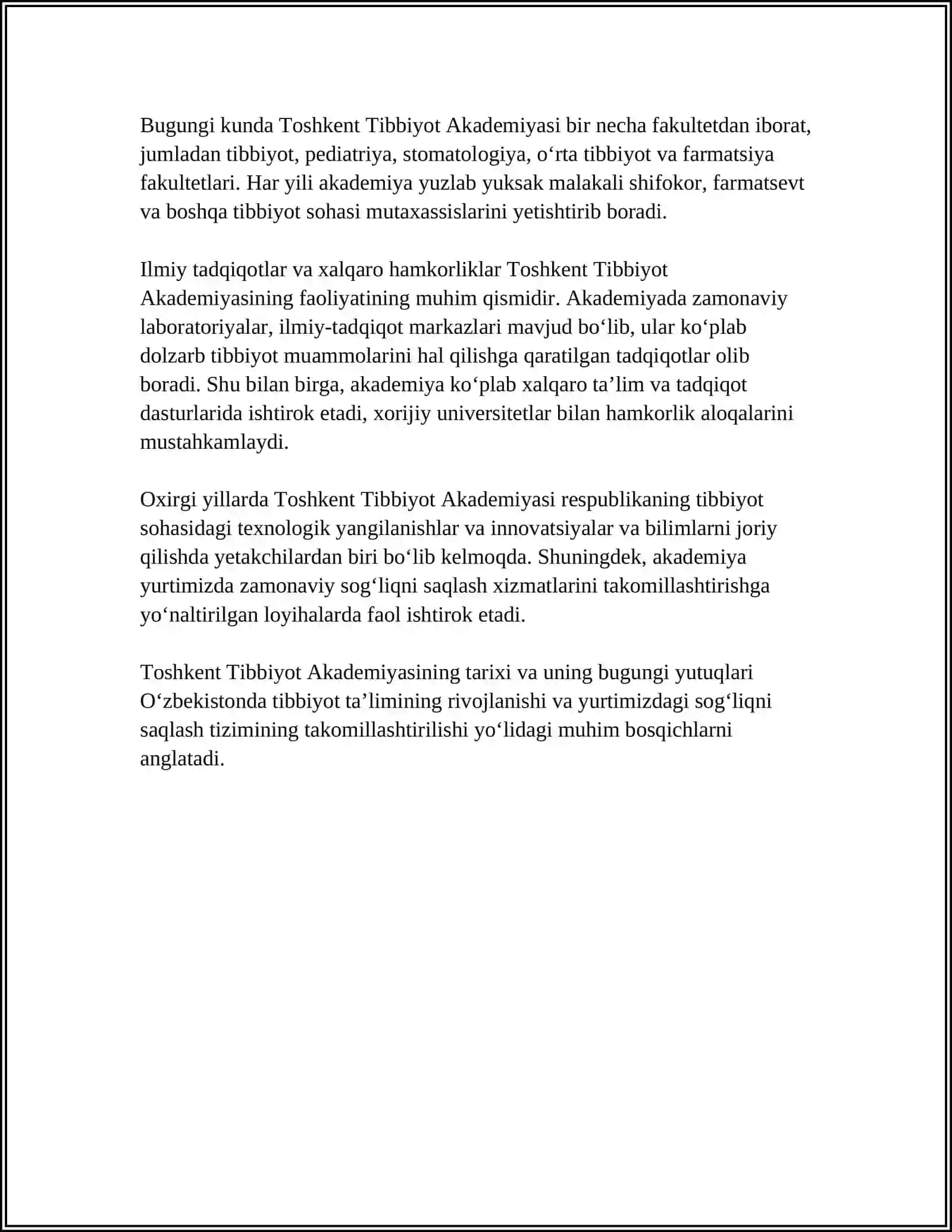 Mavzu: TOSHKENT TIBBIYOT AKADEMIYASI 4
