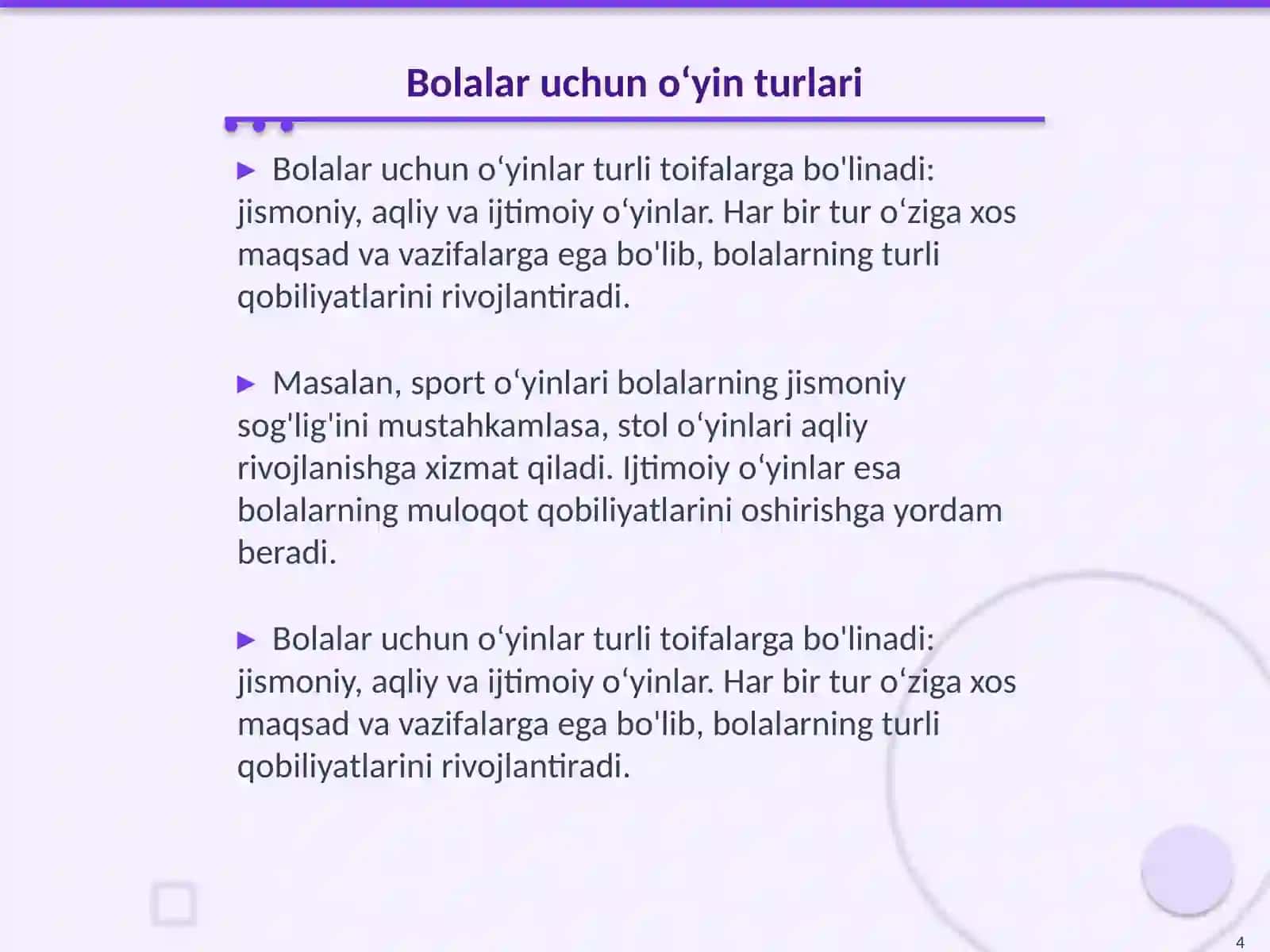Oʻyining bolalar faoliyatidagi oʻrni 4