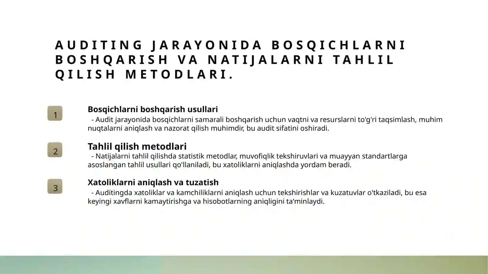 Auditorlik tekshiruvlarini rejalashtirish bosqichlari 4