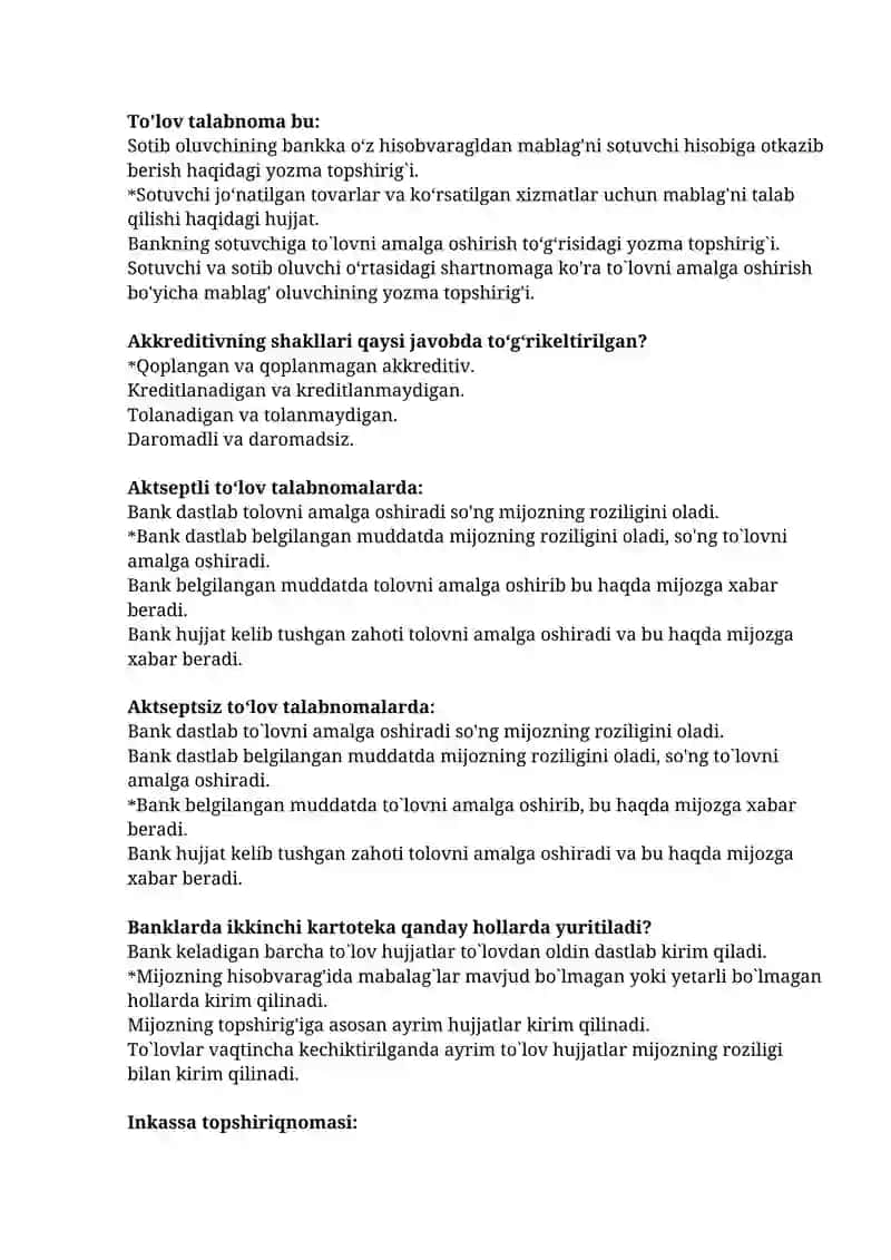 Pul va bank test savollari javoblari bilan 4
