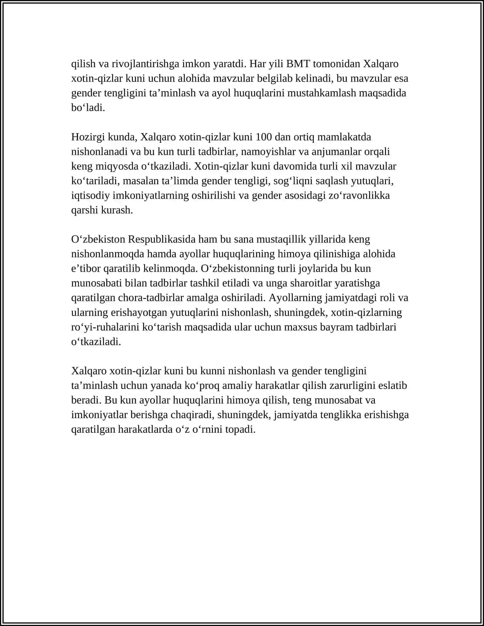 8-MART XALQARO XOTIN-QIZLAR KUNIGA BAG’ISHLANGAN TADBIR SSENARIYSI 4