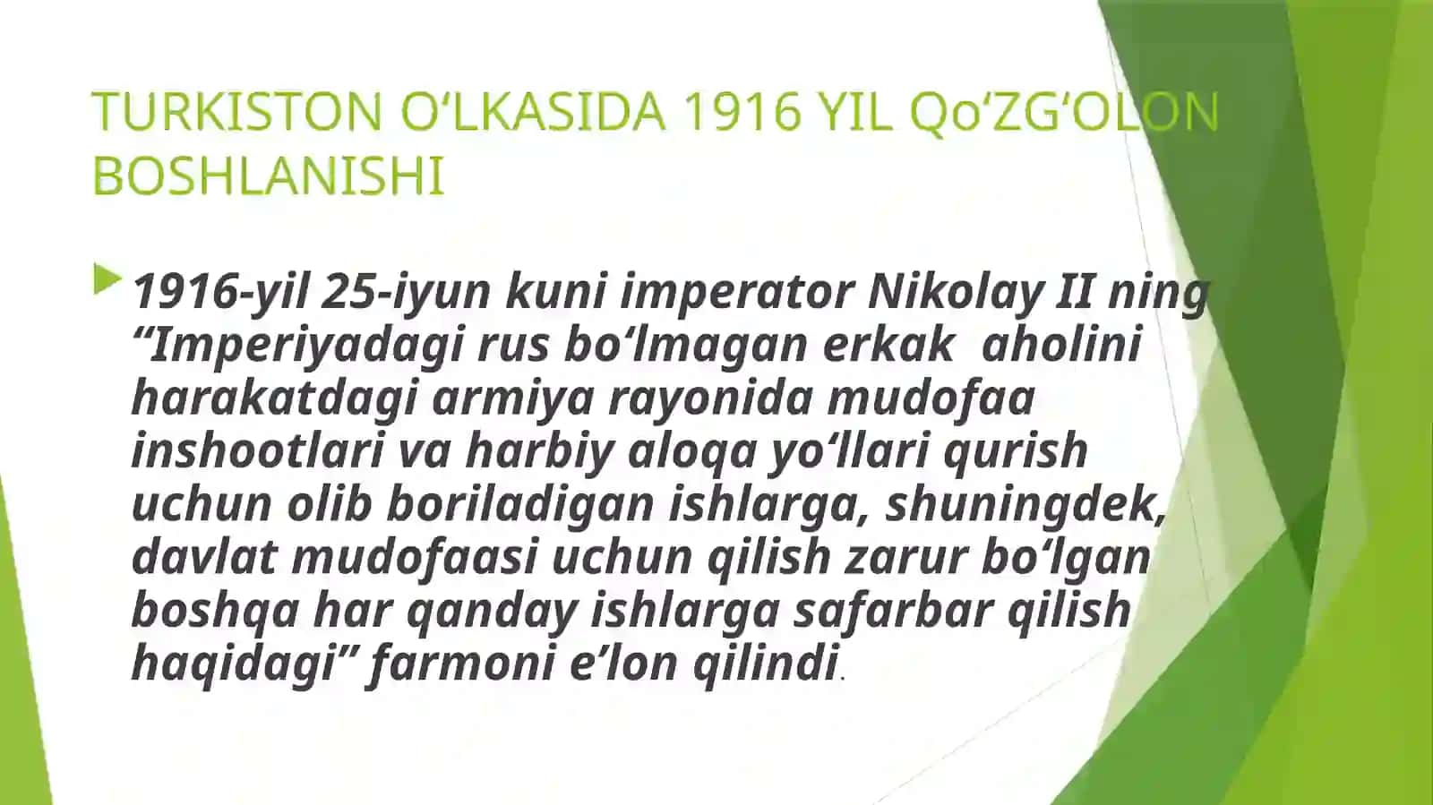 Birinchi Jahon urushi va uning Turkiston oʻlkasiga taʼsiri. 4