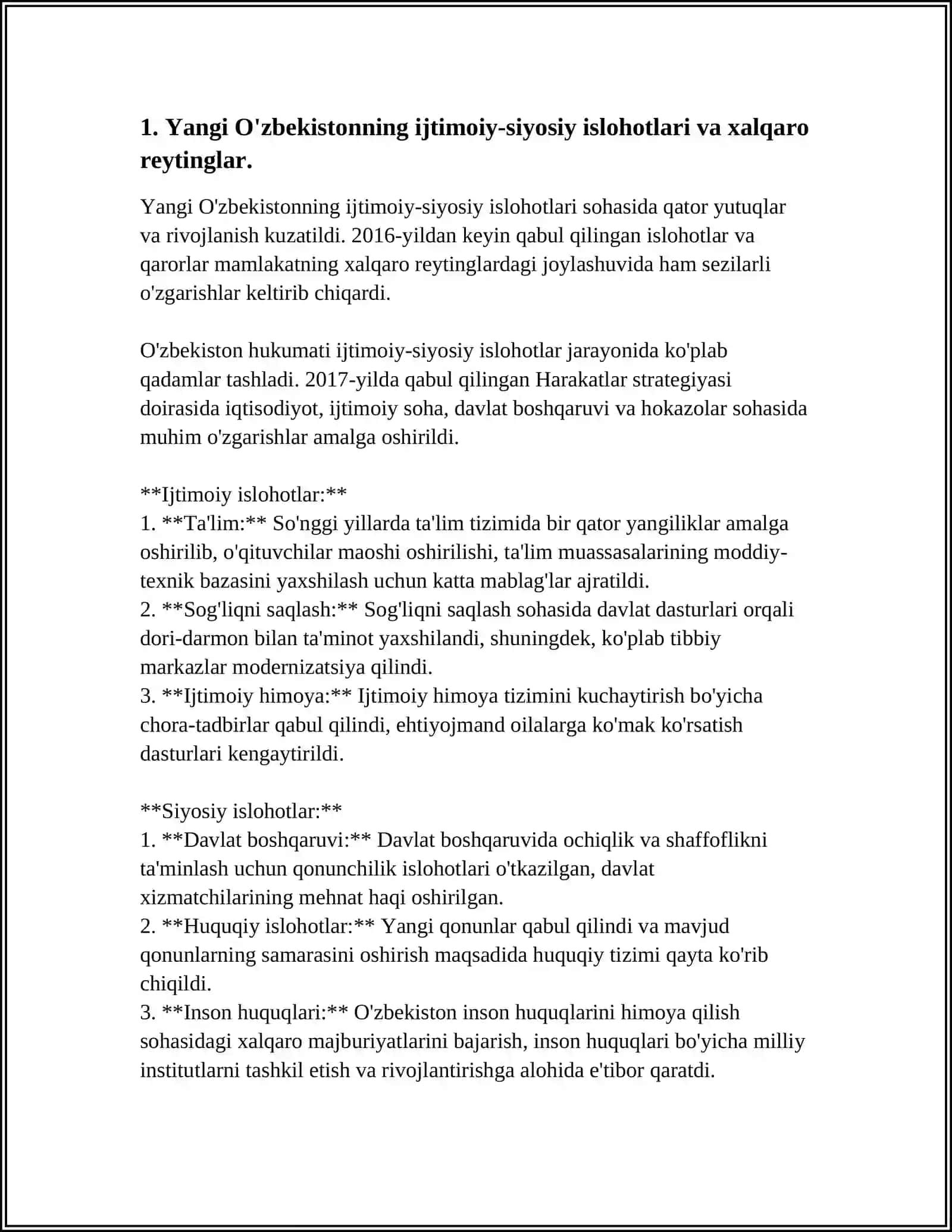 YANGI O'ZBEKISTON IJTIMOIY-SIYOSIY, IQTISODIY VA MADANIY XAYOTIDA RO'Y BERAYOTGAN O'ZGARISHLARNING XALQARO REYTING VA INDEKSLARDA AKS ETISHI 4