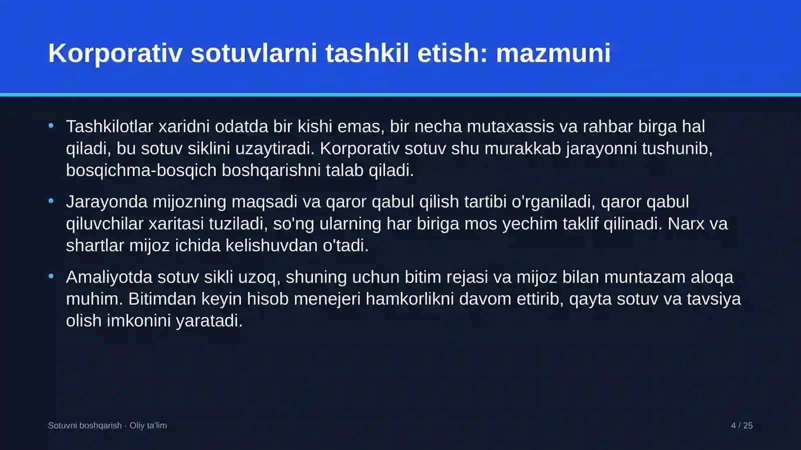 Sotuvni boshqarish · Oliy ta'lim 4