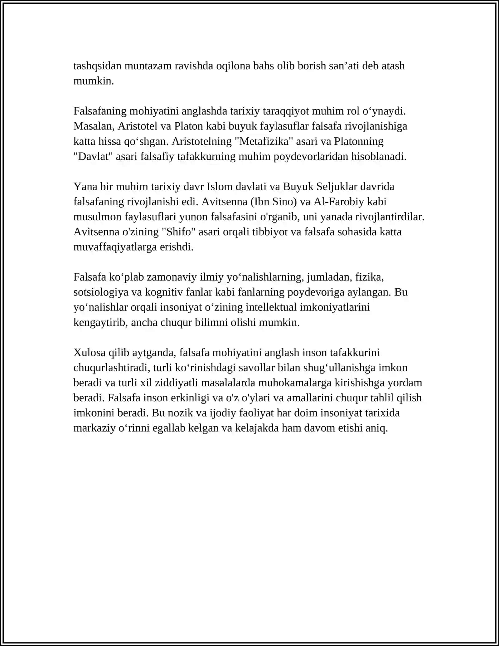 MUSTAQIL ISH Mavzu: FALSAFANING MOHIYATIGA OID SHARG VA G'ARB MUTAFAKKIRLARINIG TA'RIFLARINI TASNIFLASH 4