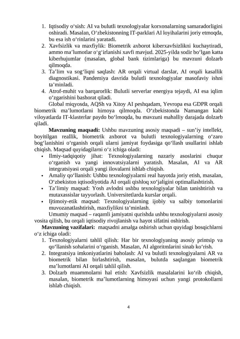 Sun’iy intellekt. Boyitilgan reallik. Biometrik axborot. Bulutli texnologiyalar 4