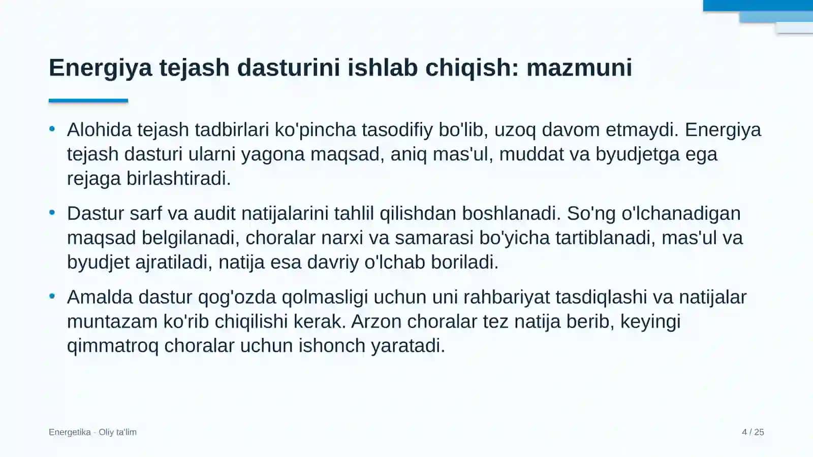 Energiya tejash dasturini ishlab chiqish 4