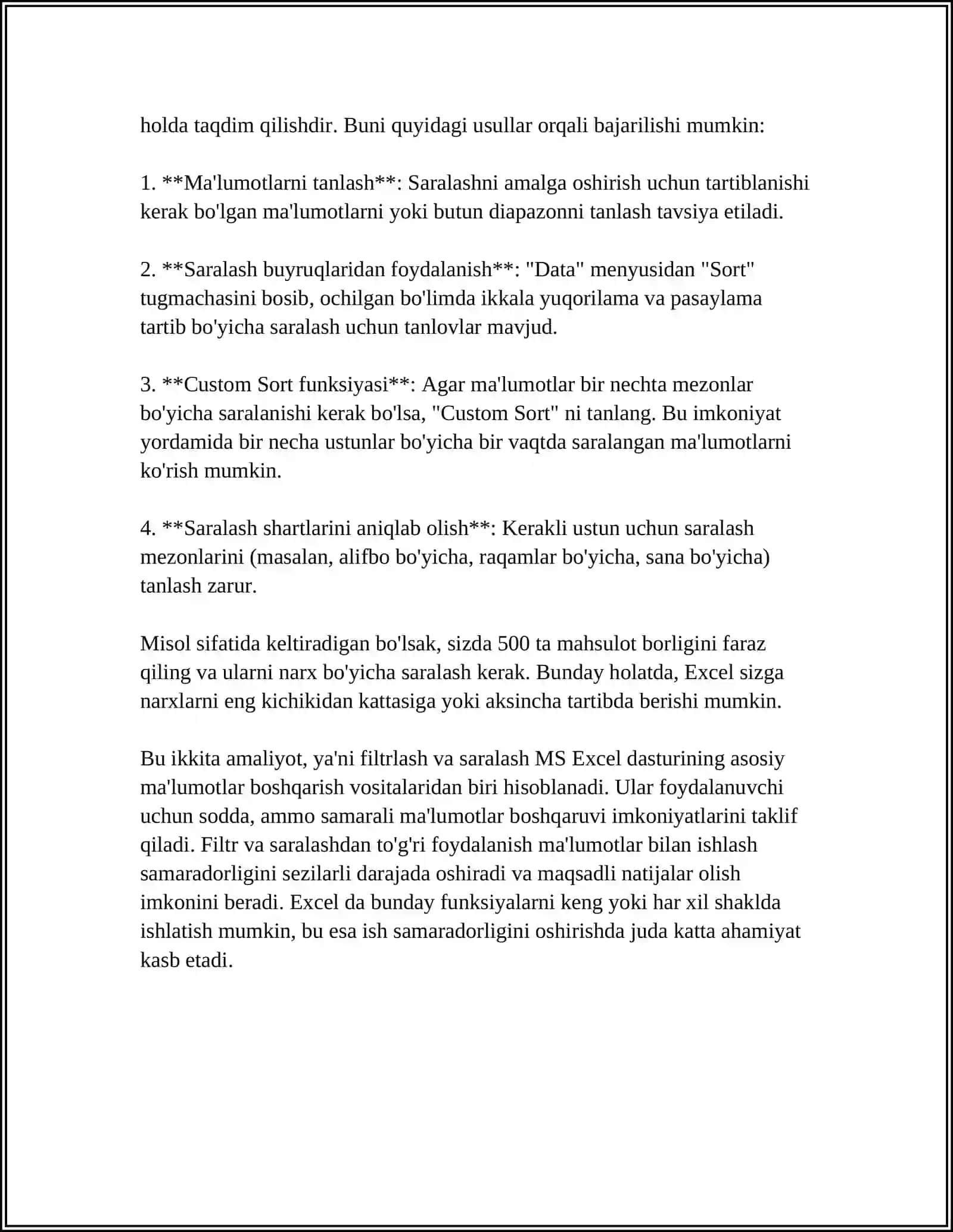MS EXCEL DASTRUIDA STATISTIC TAHLILLAR QILISH VA YECHIMLAR QIDIRISH, FUNKSIYALAR BILAN ISHLASH 4