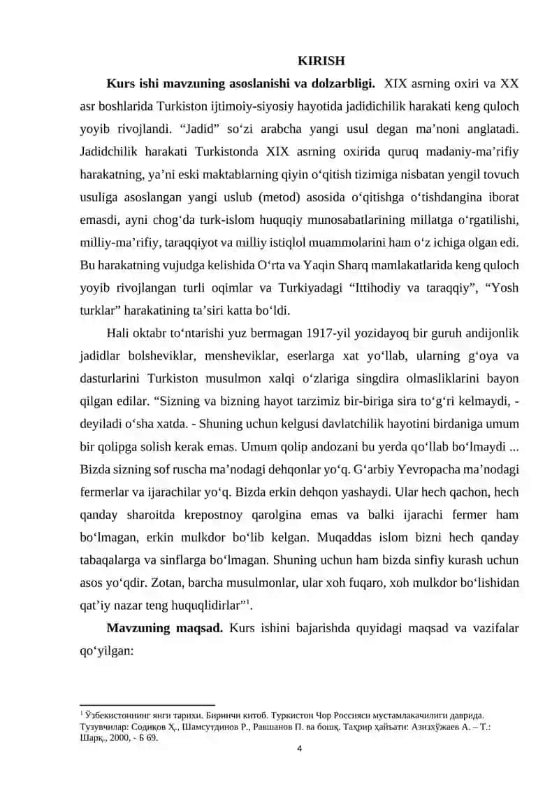 TURKISTONDA JADIDCHILIK HARAKATINING VUJUDGA KELISHI VA JADIDLARNING 4