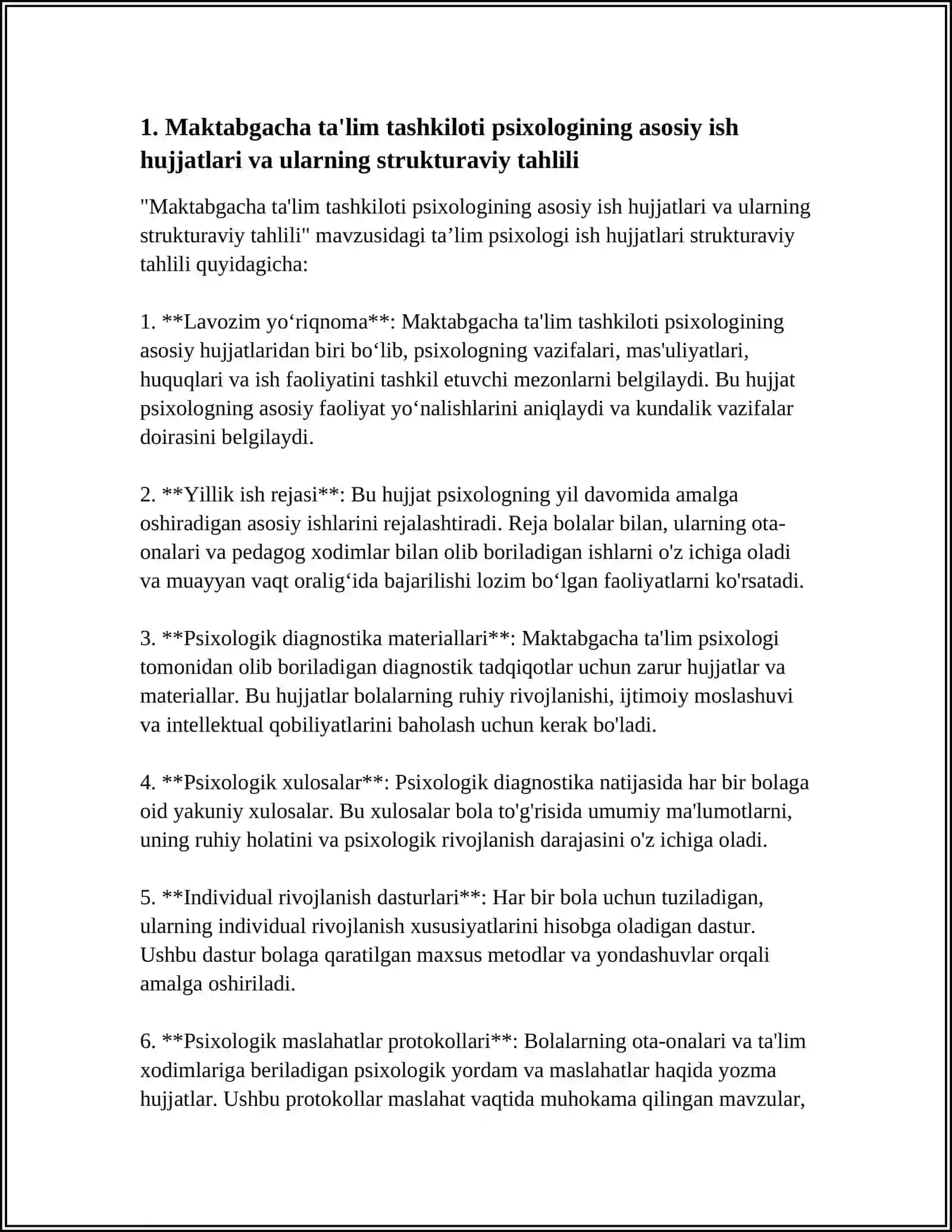 MAKTABGACHA TAʼLIM TASHKILOTI PSIXOLOGI, MUSIQA RAHBARI VA JISMONIY TARBIYA YOʻRIQCHISI ISH XUJJATLARI TAHLILI MAVZUSIDA 15 BETLI REFERAT 4