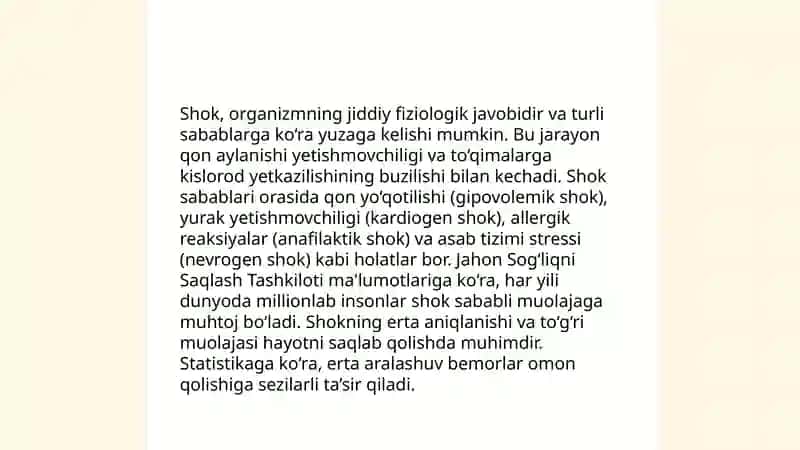 Shok. Shokning turlari. Tashhis. Davolash 4