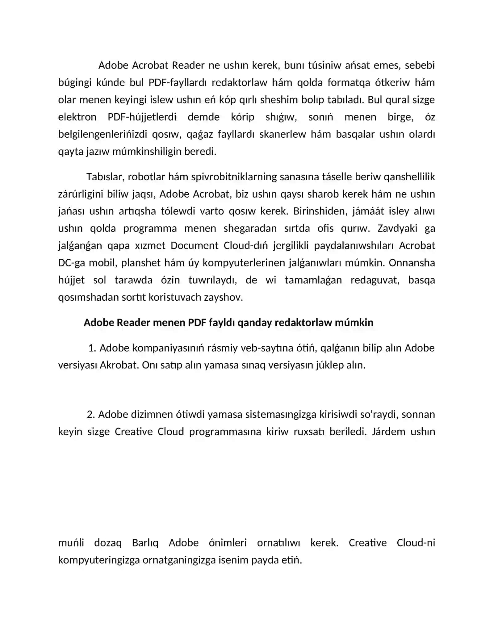 Adobe Acrobat reader programasin ja'rdeminde PDF formatli hujjetlerdi tayarlaw 4