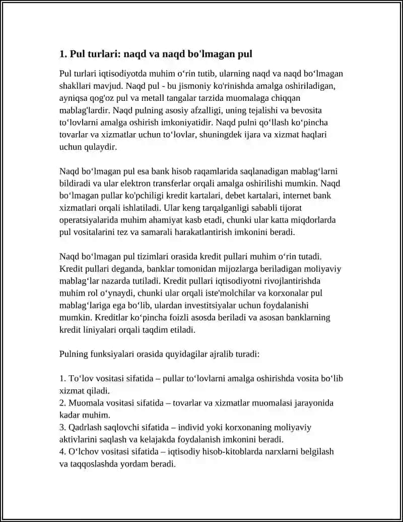 PUL TURLARI. QOG'OZ VA KREDIT PULLAR 4