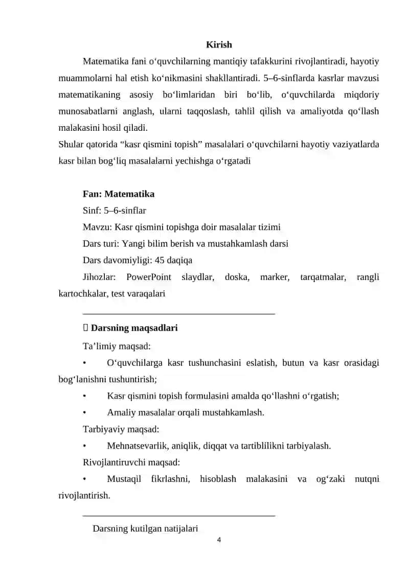 5-6-sinflarda kasr qismini topishga doir masalalar tizimi mikrodars 4