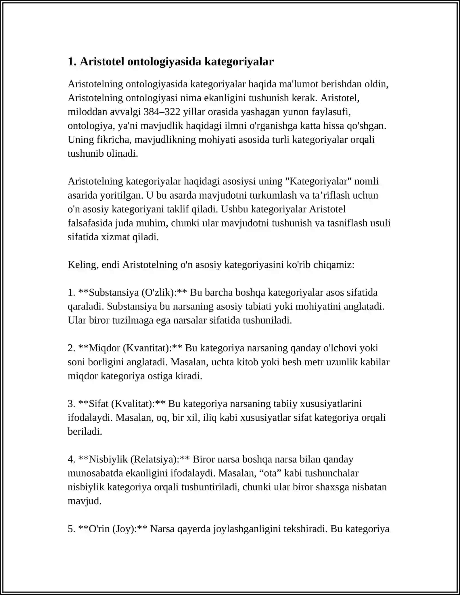 ARISTOTEL, FOROBIY VA KANT ONTOLOGIYASIDA KATEGORIYALARNING TASNIFI 4