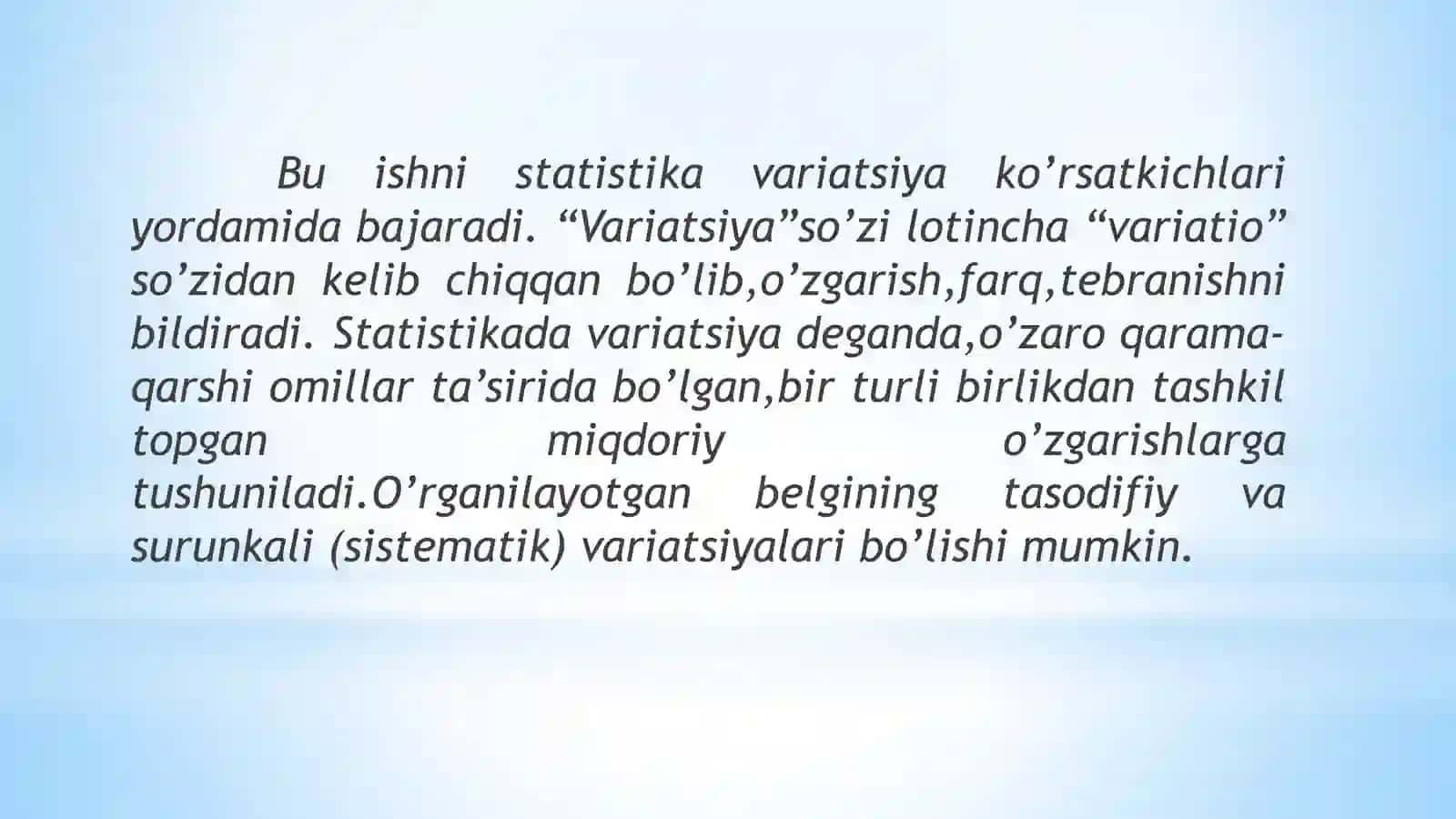 Statistikada variatsiyani baholash usullari va dispersion tahlil asoslari 4