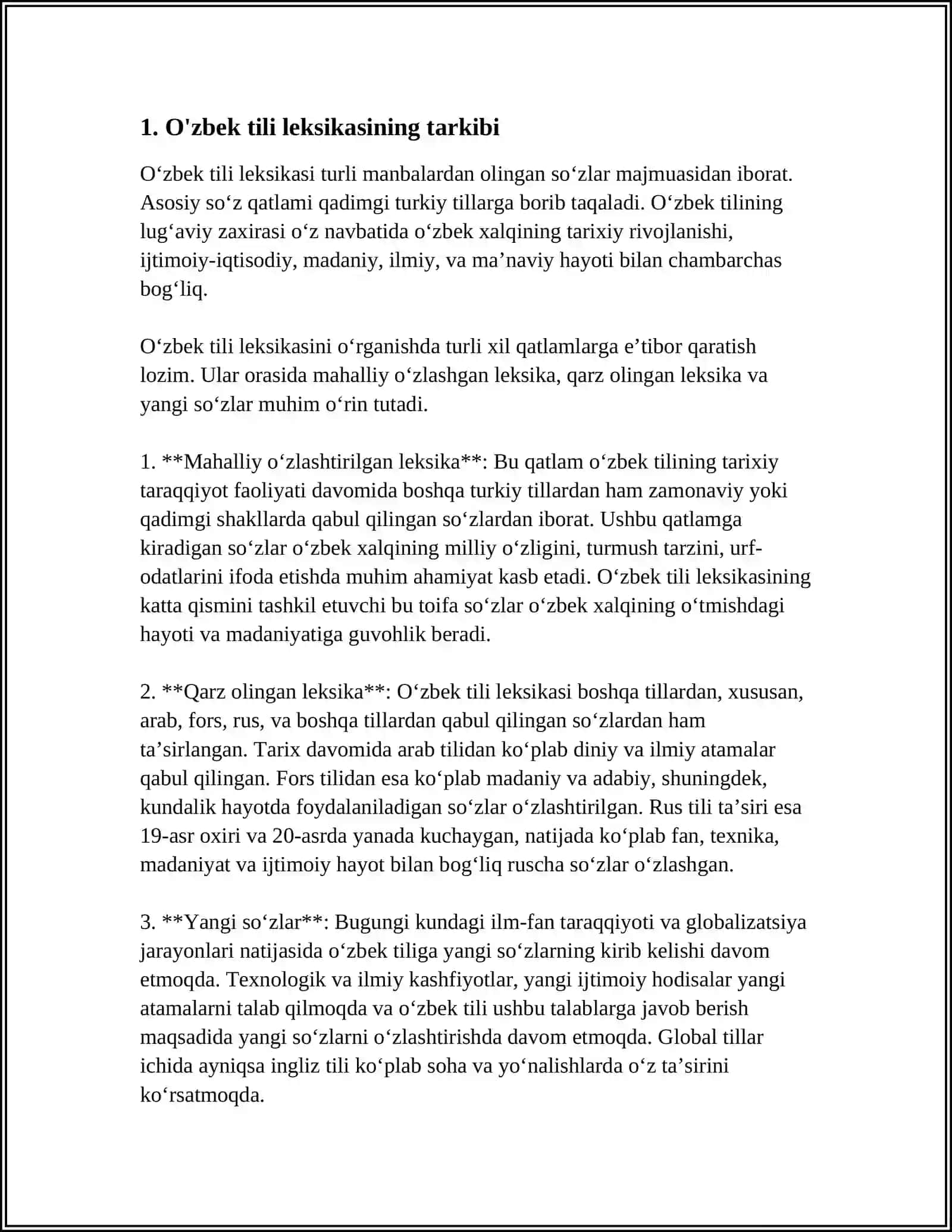 O'zbek tili leksikasida o'z qatlam va o'zlashgan qatlam 4