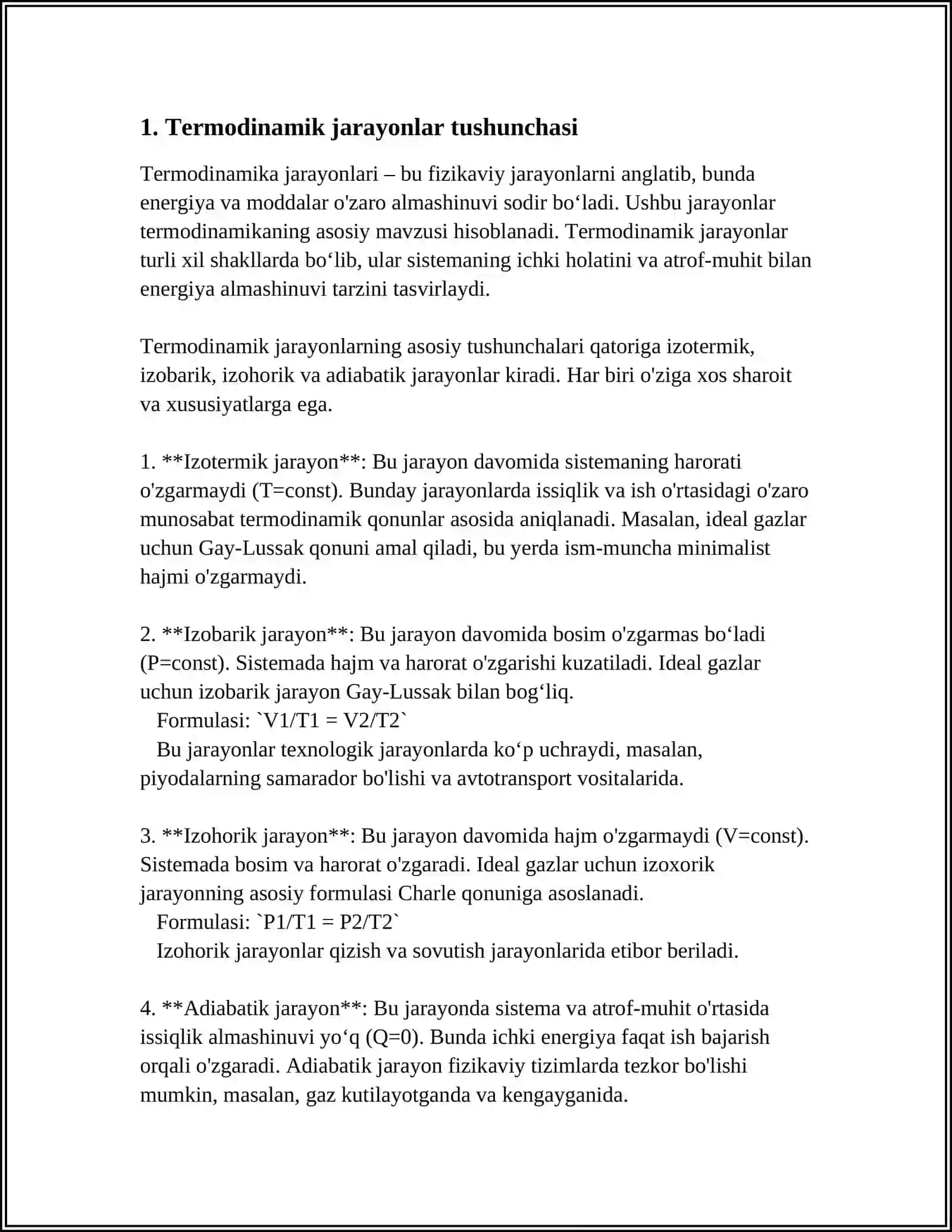 TERMODINAMIK JARAYONLAR: IZOTERMIK, IZOBARIK VA IZOXORIK REFERAT 4