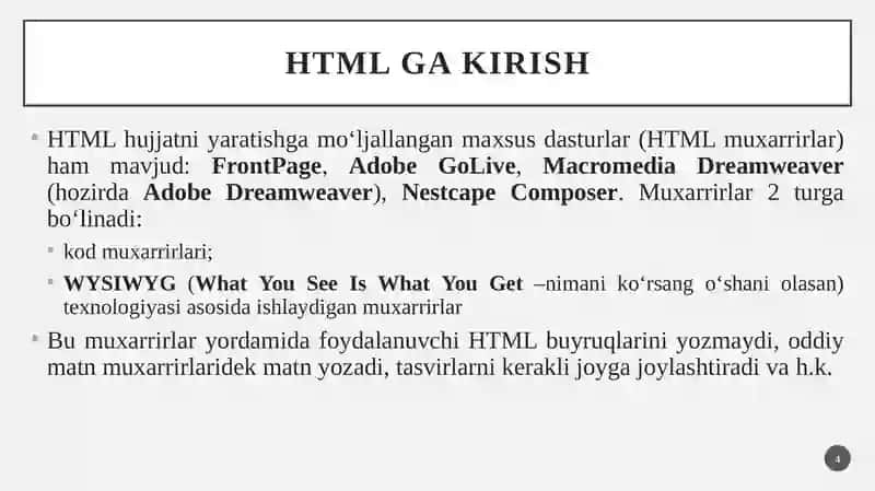HTMLga kirish. HTML-hujjatlar tuzilishi. HTML ning asosiy teglari, atributlari. Sarlavha teglari. 4