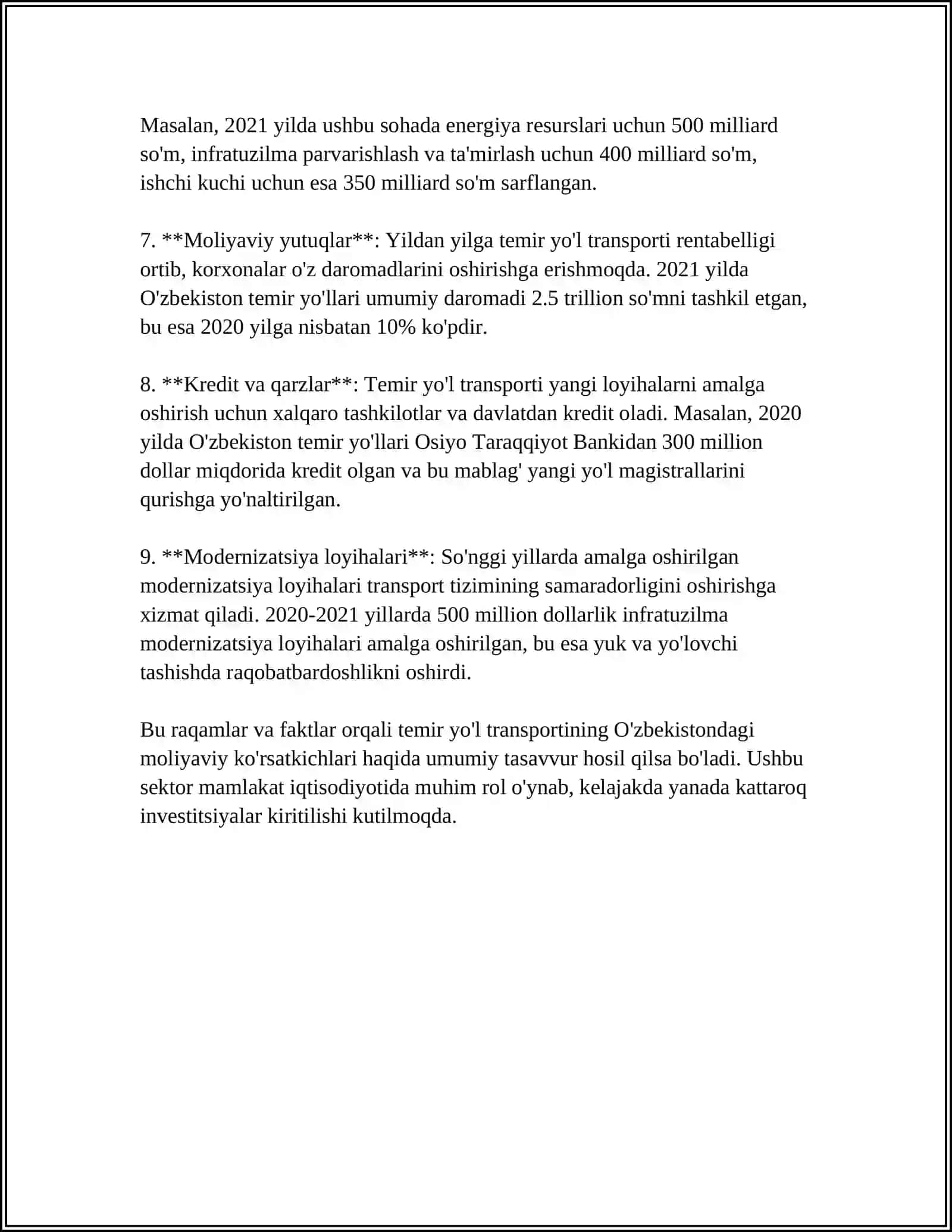 TRANSPORT (TEMIR YO’L, AVTOMOBIL) KORXONALARI MOLIYAVIY NATIJALARINING TAHLILI 4
