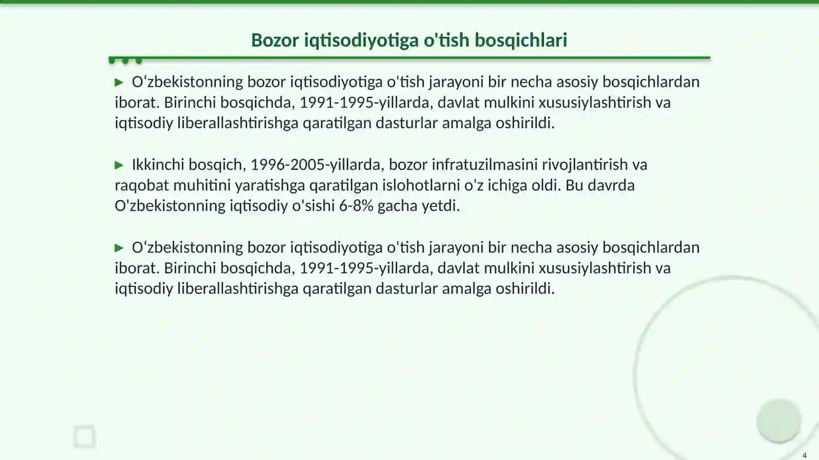 Oʻzbekistonning bozor iqtisodiyotiga oʻtish yoʻli 4