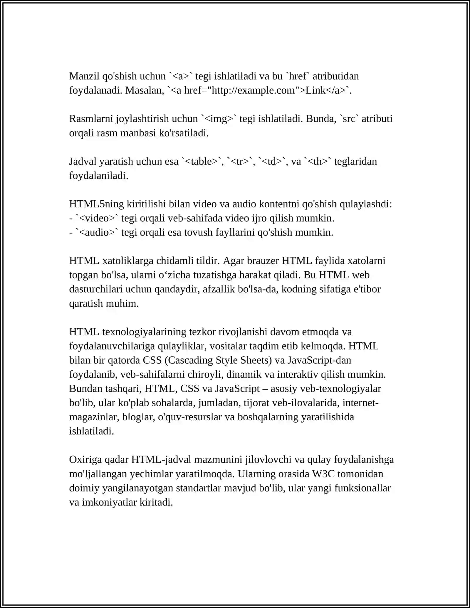 Mavzu: HTML TILIGA KIRISH,UNING ASOSIY ELEMENTLARI. TEG TUSHUNCHASI 4